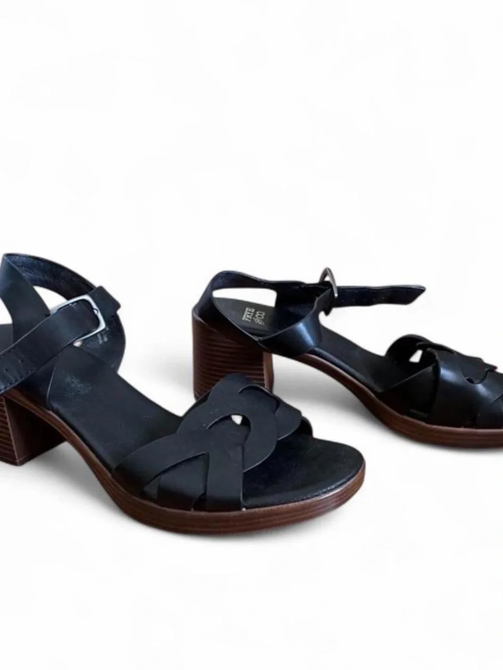 Black Leather Block Heel Sandals - Women